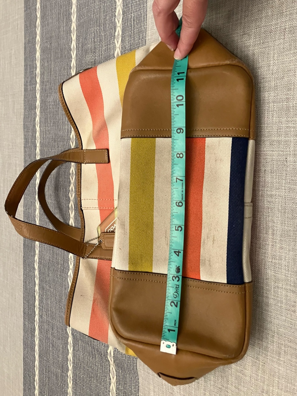 Coach Hadley Striped Canvas Tote with tan leather and signature hangtags - USED - Picture 11 of 14